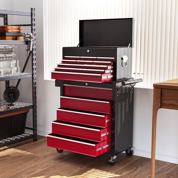 Rootz Tool Trolley - Workshop Trolley - Mobil Tool Chest - Låselige skuffer - Rødt stål - 14 skuffer - 60x26x34cm & 76x33x75cm