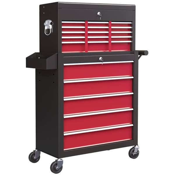 Rootz Tool Trolley - Workshop Trolley - Mobil Tool Chest - Låselige skuffer - Rødt stål - 14 skuffer - 60x26x34cm & 76x33x75cm