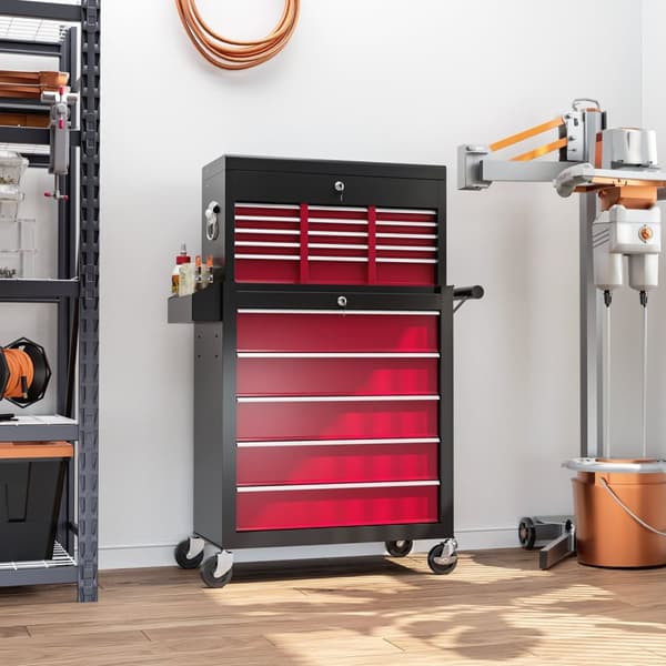Rootz Tool Trolley - Workshop Trolley - Mobil Tool Chest - Låselige skuffer - Rødt stål - 14 skuffer - 60x26x34cm & 76x33x75cm