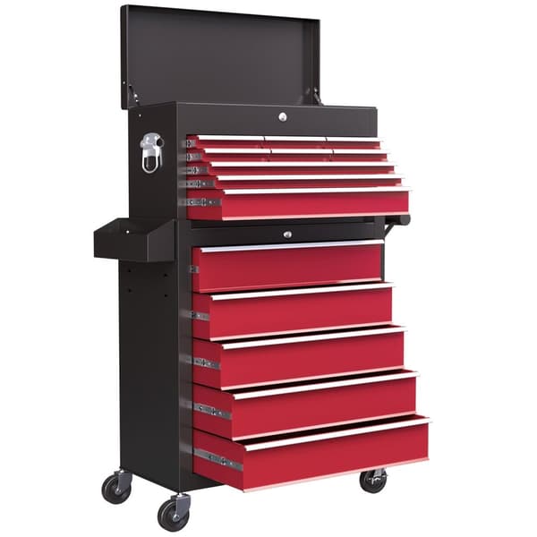 Rootz Tool Trolley - Workshop Trolley - Mobil Tool Chest - Låselige skuffer - Rødt stål - 14 skuffer - 60x26x34cm & 76x33x75cm