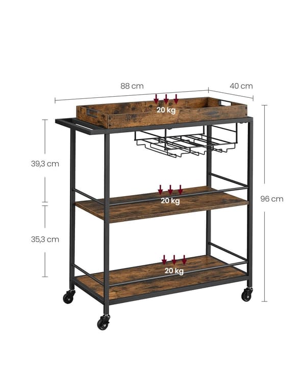 Serveringsvagn, VASAGLE, 40 x 88 x 96 cm, Industriell design, Vintagebrun-Svart.