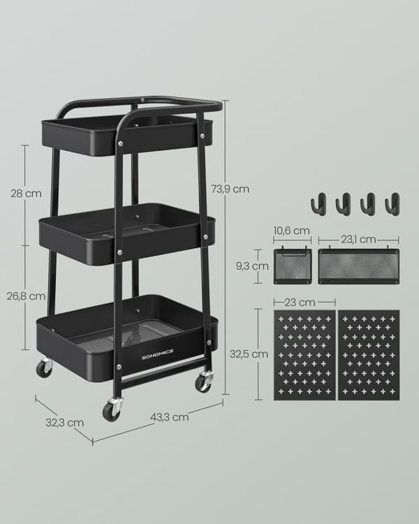 Rullakko, SONGMICS, 32,3 x 49,4 x 73,9 cm, Muste-musta.