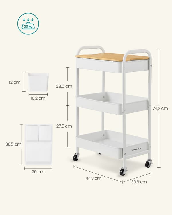 Rullvagn, SONGMICS, 30,6 x 44,3 x 74,2 cm, Bläcksvart.
