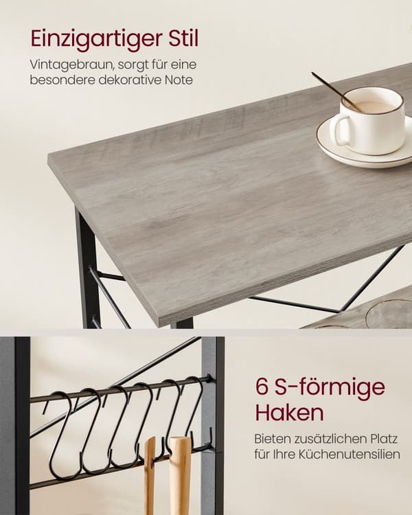 Köksregal på hjul, serveringsvagn med 3 hyllplan, mikrovågsregal, industriell design, mörkbrun, 40x80x89 cm, greige, stål
