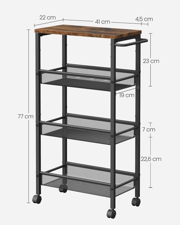 Rullvagn, VASAGLE, 22x45.5x77 cm, Vintagebrun-Svart