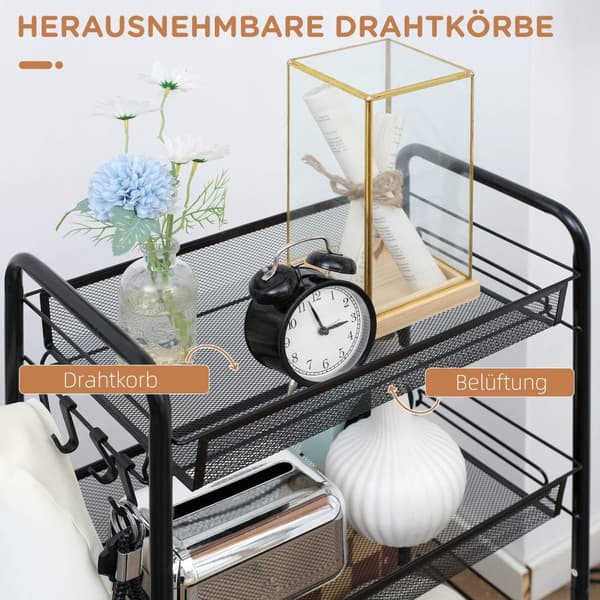 Rootz vagn med 4 hängande korgar - servering vagn - mobil vagn - stål, låsbara hjul - 45 cm x 26,5 cm x 84 cm - extra förvaringsutrymme