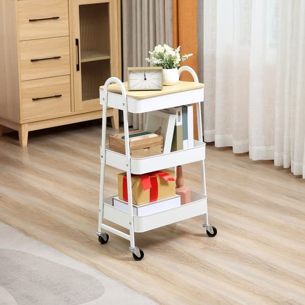White Fine Kitchen Trolley, 3-kerroksinen metallivaunu, jossa on suuri säilytystila ja kansi keittiöön ja toimistoon