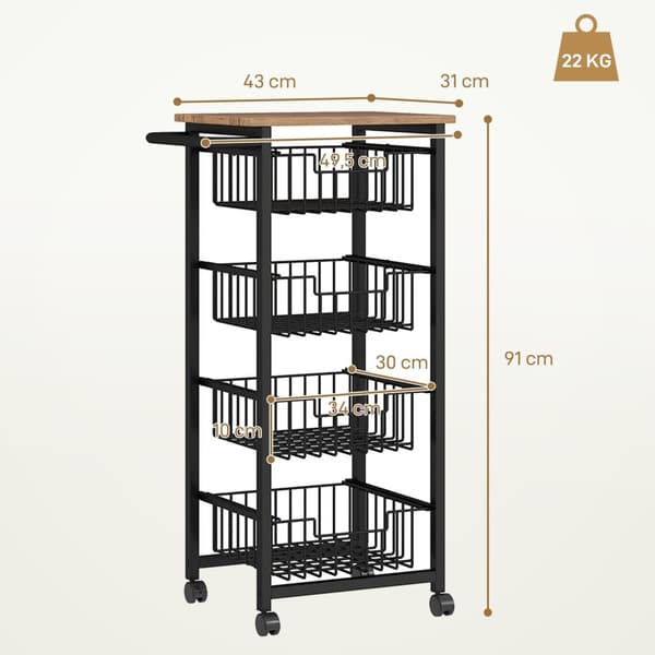 Rootz Kitchen Trolley - Servering Cart - Rollable Kitchen Car - Rymlig bänkskiva - 49,5B x 31T x 91H cm