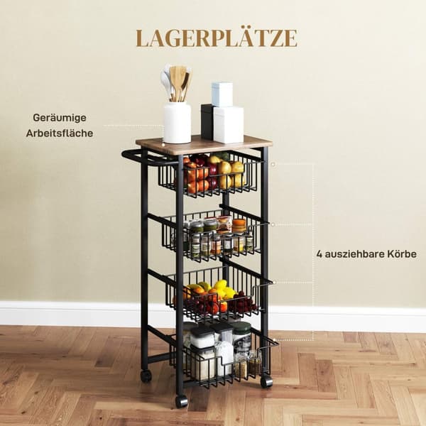 Rootz Kitchen Trolley - Servering Cart - Rollable Kitchen Car - Rymlig bänkskiva - 49,5B x 31T x 91H cm