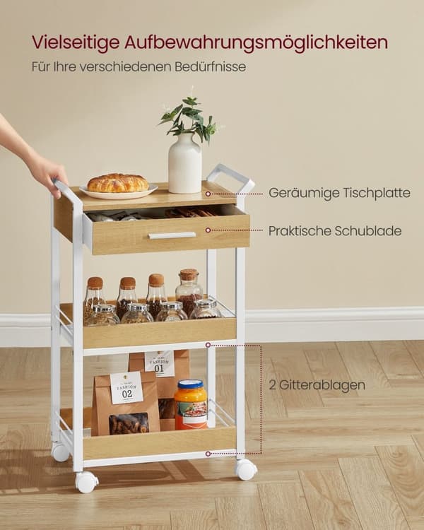 Rootz 3 Tier Kitchen Cart - Rolling Serving Trolley - Portable Bar Cart - Robust Design - 30cm x 46,2 cm x 70,5 cm