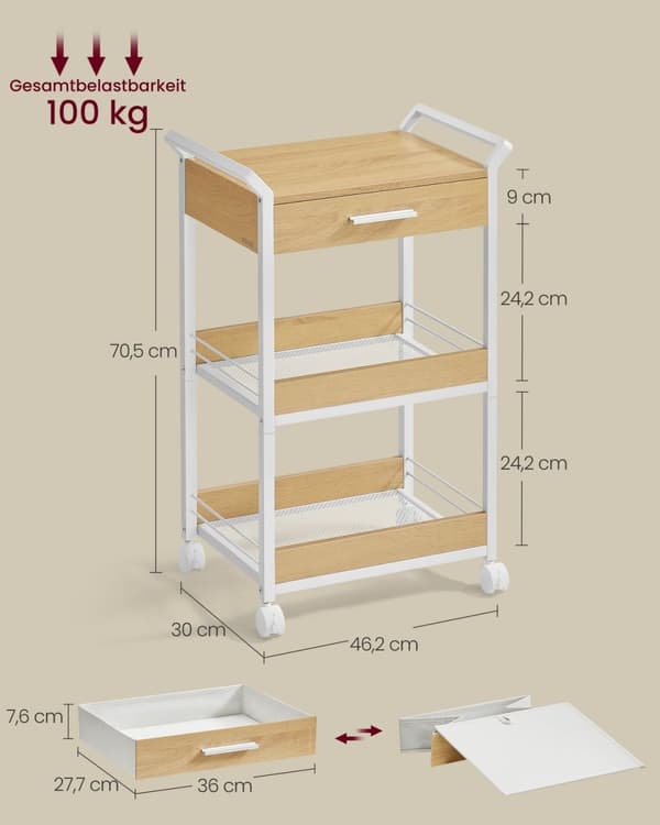 Rootz 3 Tier Kitchen Cart - Rolling Serving Trolley - Portable Bar Cart - Robust Design - 30cm x 46,2 cm x 70,5 cm