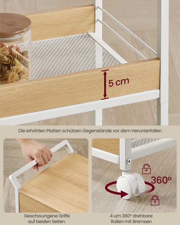 Rootz 3 Tier Kitchen Cart - Rolling Serving Trolley - Portable Bar Cart - Robust Design - 30cm x 46,2 cm x 70,5 cm
