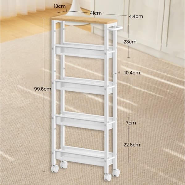Rootz 5 Level Rolling Kitchen Cart - Smal Niche Shelf - Kitchen Trolley - Oak White - 13x45.4x99.6 cm