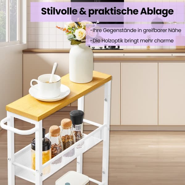 Rootz 5 Level Rolling Kitchen Cart - Smal Niche Shelf - Kitchen Trolley - Oak White - 13x45.4x99.6 cm