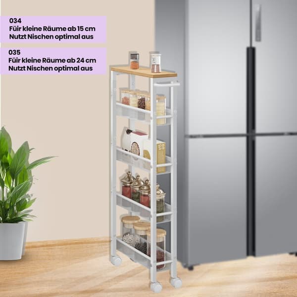 Rootz 5 Level Rolling Kitchen Cart - Smal Niche Shelf - Kitchen Trolley - Oak White - 13x45.4x99.6 cm