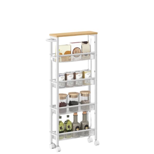 Rootz 5 Level Rolling Kitchen Cart - Smal Niche Shelf - Kitchen Trolley - Oak White - 13x45.4x99.6 cm