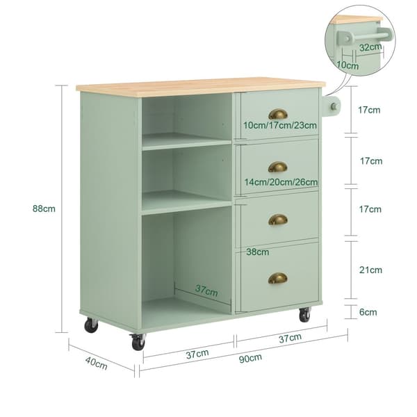 SoBuy Köksö med 3 Fack och 4 Lådor – Grön Serveringsvagn på Hjul 90x40x88cm FKW127-GR