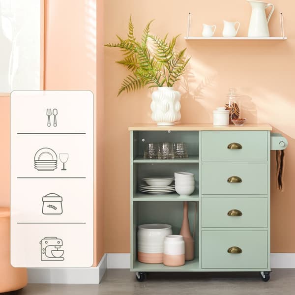 SoBuy Köksö med 3 Fack och 4 Lådor – Grön Serveringsvagn på Hjul 90x40x88cm FKW127-GR