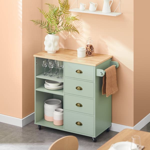 SoBuy Köksö med 3 Fack och 4 Lådor – Grön Serveringsvagn på Hjul 90x40x88cm FKW127-GR