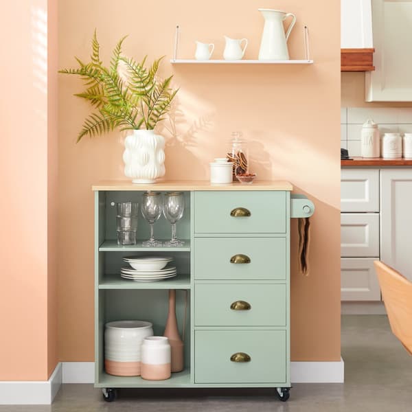 SoBuy Köksö med 3 Fack och 4 Lådor – Grön Serveringsvagn på Hjul 90x40x88cm FKW127-GR