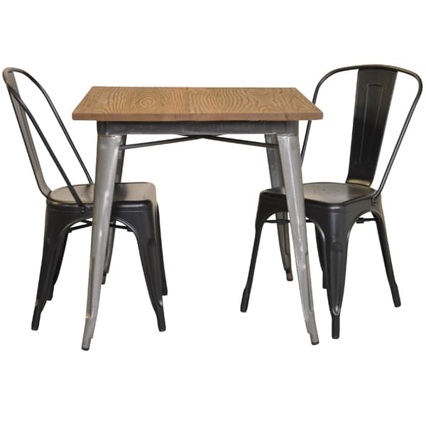 Matsalsgrupp plåt bord galvaniserad med toppskiva i alm samt 2 matt svarta stolar