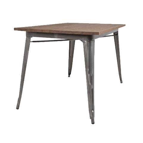 Spisestue gruppe metalplader galvaniserede France bord med topplade i alm og 4 galvaniserede About France stole med alm sæde