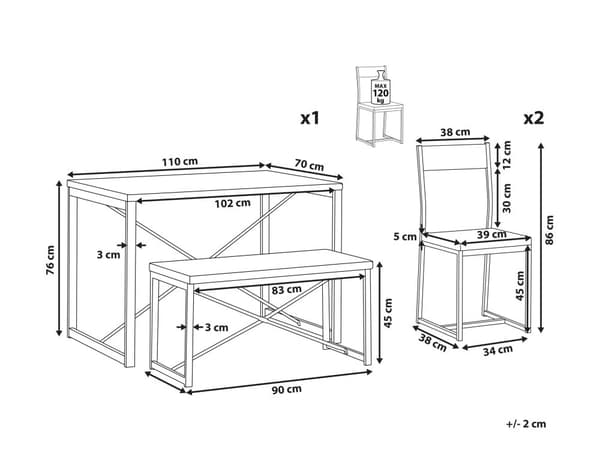Spisestuesæt Lyst Træ Sort Stålstel 4 Personers Bord 110 x 70 cm 2 Sole Bænk