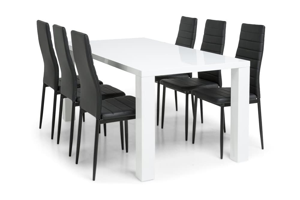SALA Matbord 180 Vit + 6 TED Stol Svart Konstläder