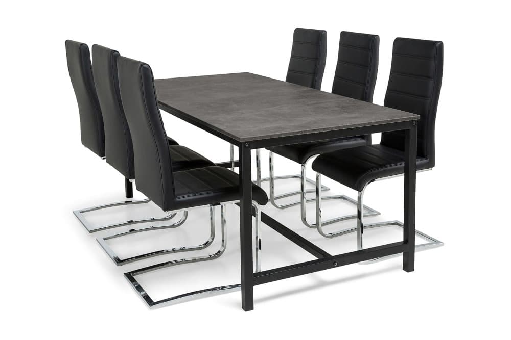 BETTY Matbord 180 Betong/Svart + 6 CIBUS Stol Svart PU/Krom