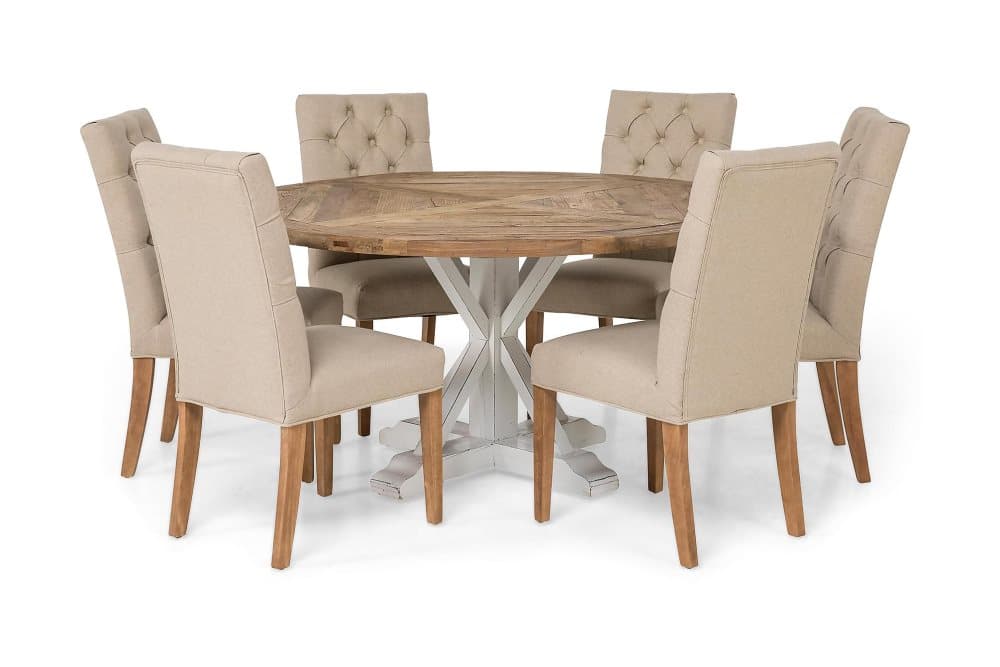 LIRE Matbord Ø150 Natur/Vit + 6 JENCA Stol Beige