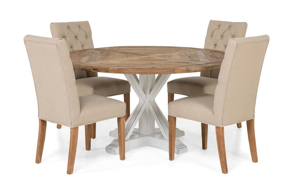 LIRE Matbord Ø150 Vit/Natur + 4 JENCA Stol Beige