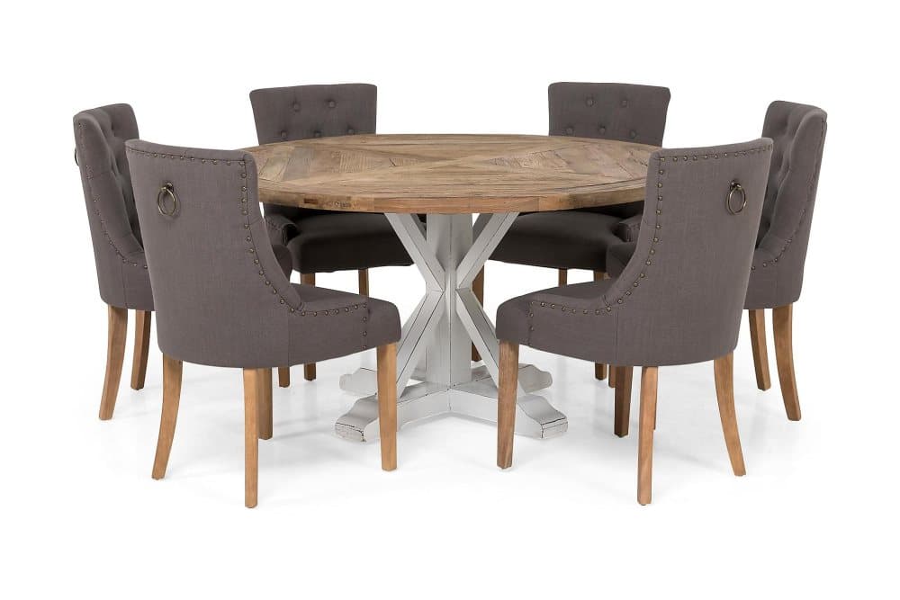 LIRE Matbord Runt Trä/Vit + 6 VIKTORIA Stol Grå/Trä