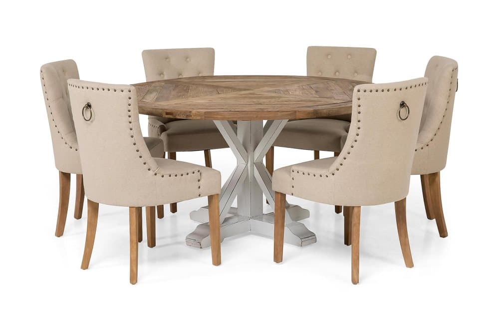 LIRE Matbord Ø150 Natur/Vit + 6 CARMINE Fåtölj Beige