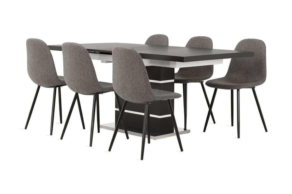 SUNNE Matbord 140 Svart/Vit + 6 FREDAN Stol Grå