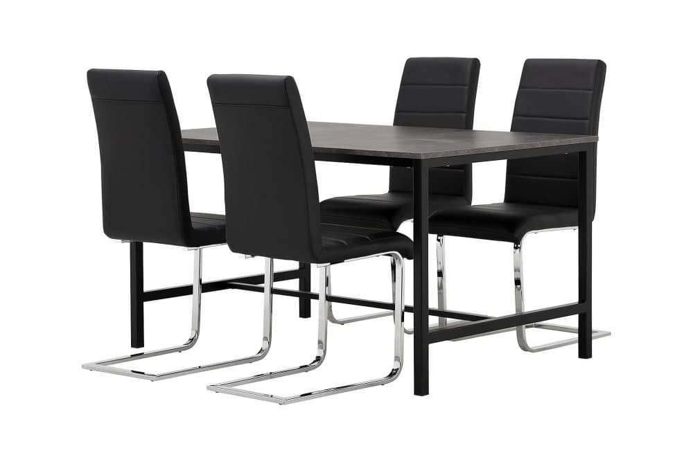 BETTY Matbord 138 Betong/Svart + 4 SORADO Stol Svart PU/Krom