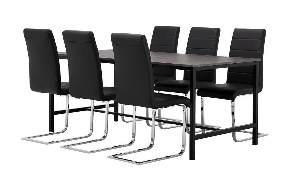 BETTY Matbord 180 Betong/Svart + 6 SORADO Stol Svart PU/Krom