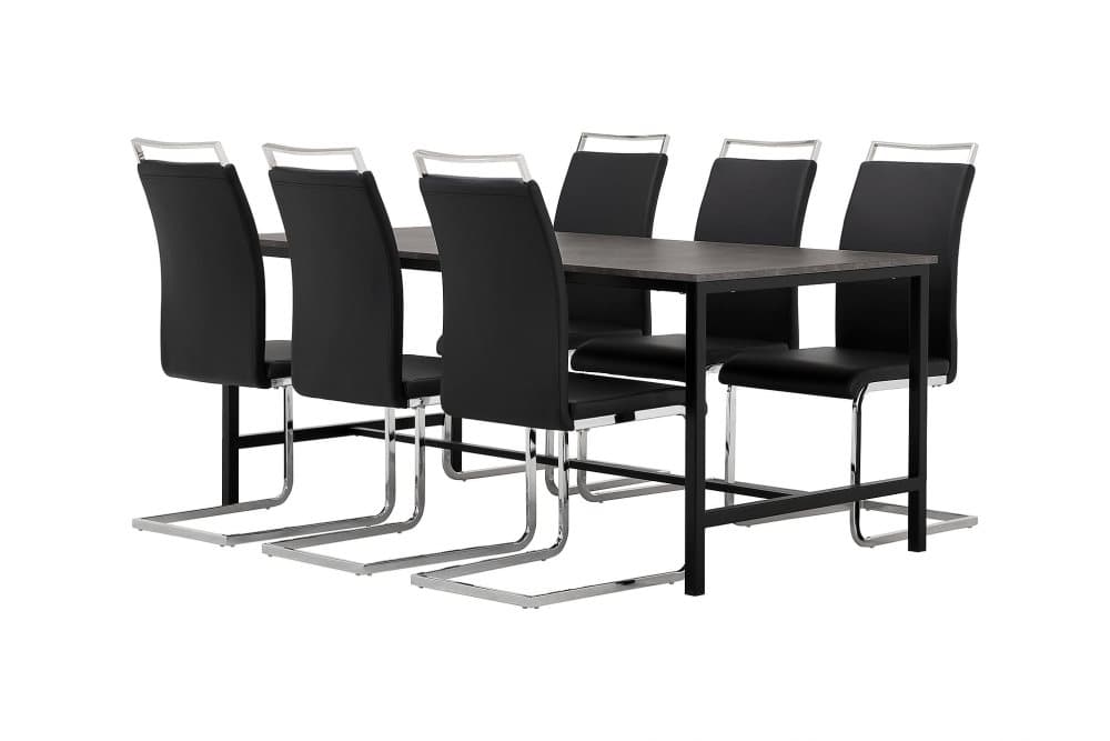BETTY Matbord 180 Betong/Svart + 6 ISODA Stol Svart PU/Krom