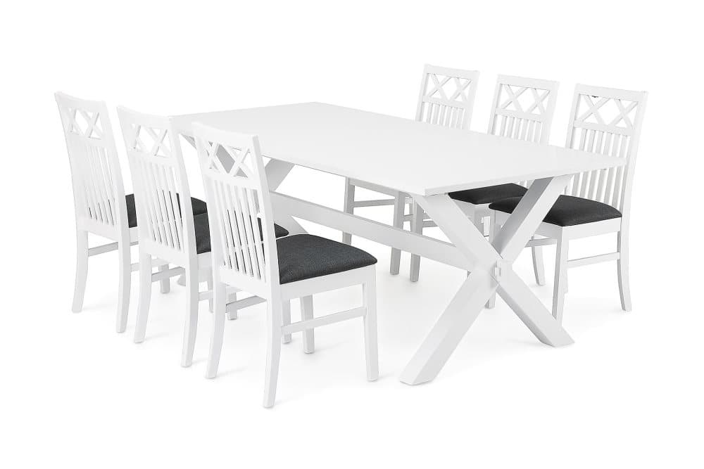 FRESNO Matbord 180 Vit + 6 REBECKA Stol Grå