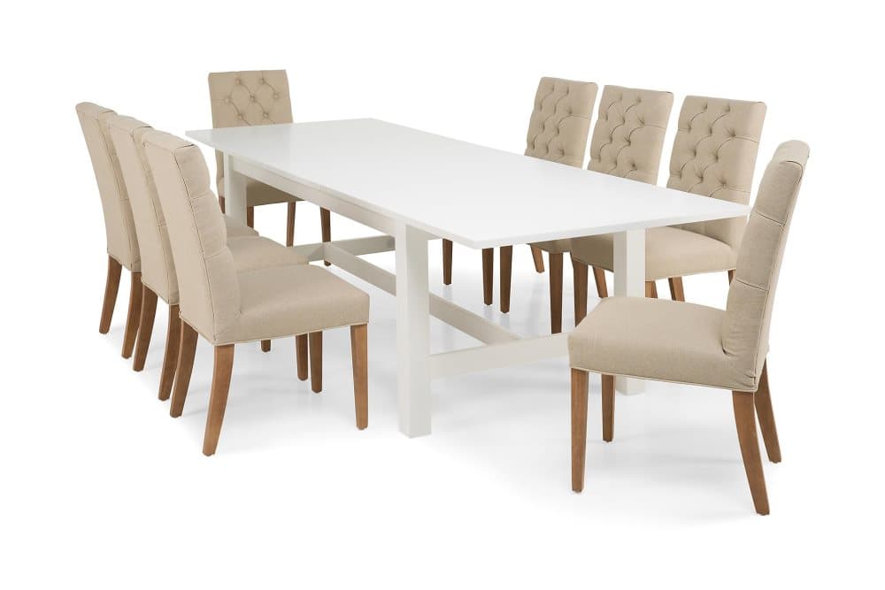 ALLIE Matbord 240/300 Vit + 8 JENCA Stol Beige