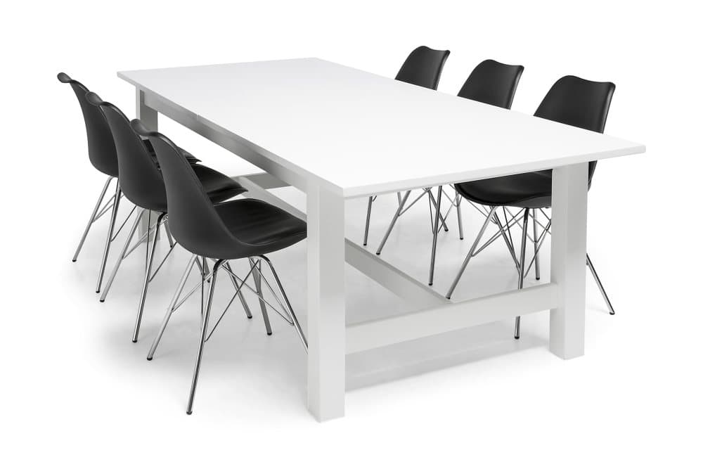 ALLIE Matbord 240/300 Vit + 6 ZENIT Stol Svart/Krom