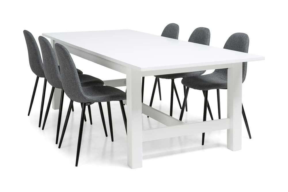 ALLIE Matbord 240/300 Vit + 6 NIKOLAS Stol Grå/Svart