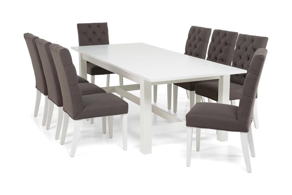 ALLIE Bord 240+60 Vit + 8 JENCA Stolar Grå