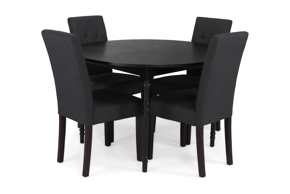 ALINE Matbord 115 Runt Svart + 4 STILO Stol Mörkgrå