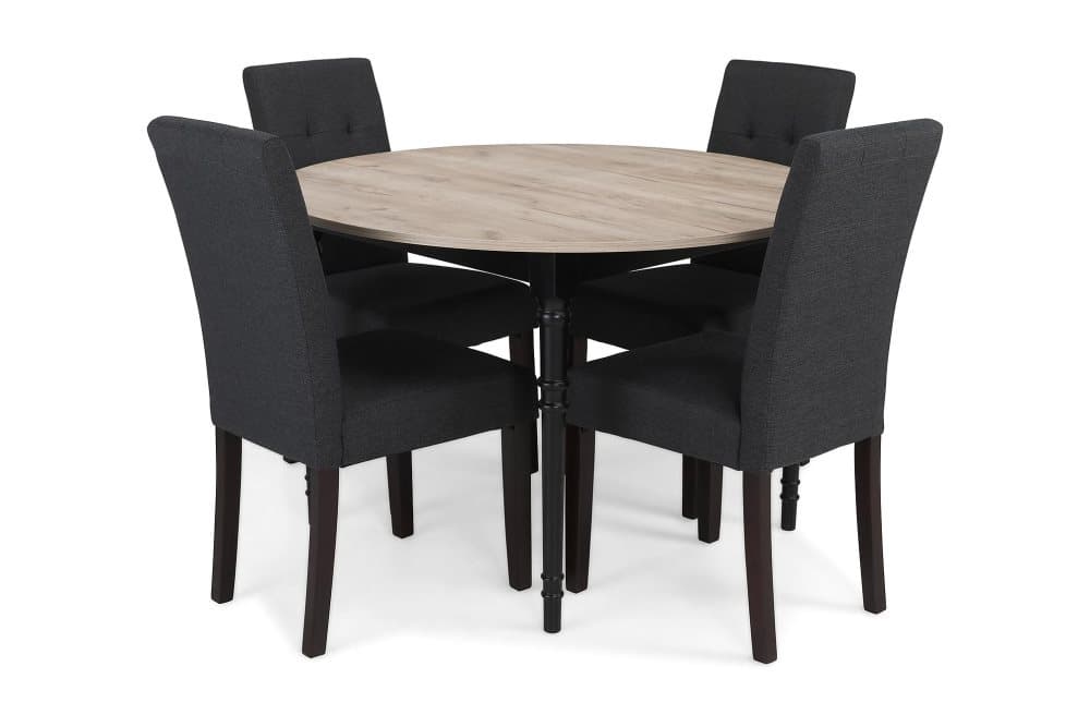 ALINE Matbord 115 Runt Grå/Svart + 4 STILO Stol Mörkgrå
