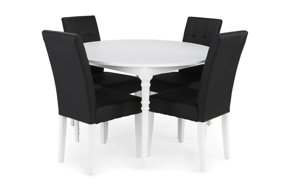 ALINE Matbord 115 Runt Vit + 4 STILO Stol Svart PU