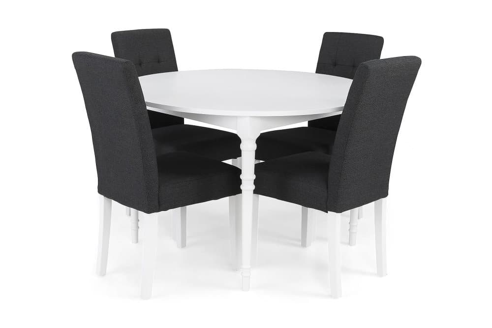 ALINE Matbord 115 Runt Vit + 4 STILO Stol Svart