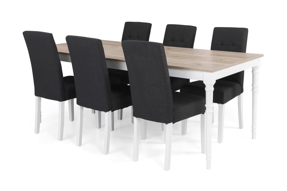 ALINE Matbord 200 Grå/Vit + 6 STILO Stol Svart