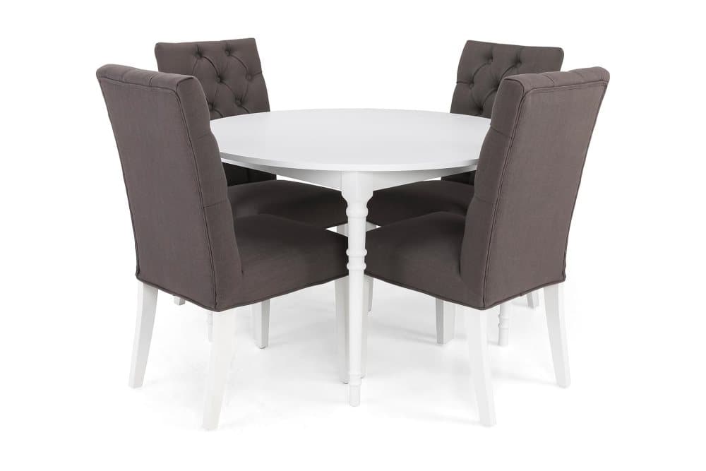 ALINE Matbord 115 Runt Vit + 4 JENCA Stol Grå