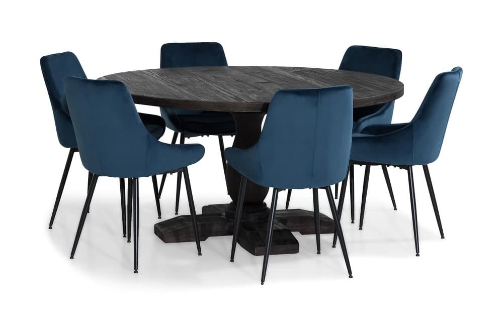 BORIS Matbord 150 Runt Vintage Alm + 6 VIKEN Stol Blå