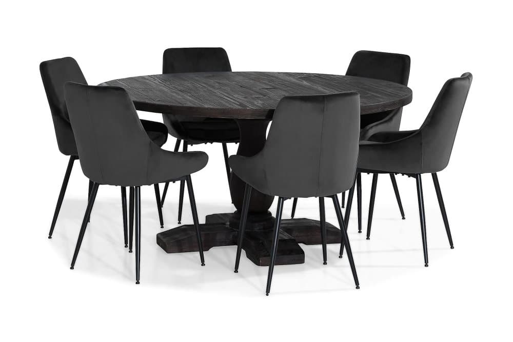 BORIS Matbord 150 Runt Vintage Alm + 6 VIKEN Stol Grå